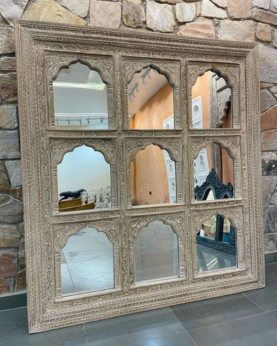 Hand carved 9 Jharokha Mirror | Big Wooden frame in Distressed Rustic Finish