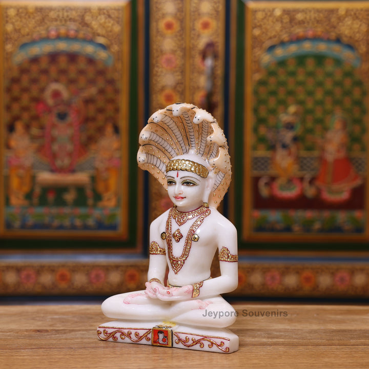9" Pure White Marble Bhagwan Parshvanatha Idol with Real Gold Leaf Work | Handcrafted Jain Tirthankara Statue