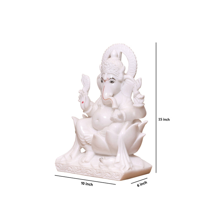 Handcrafted 15" Lord Ganesha Idol in Pure Makrana White Marble