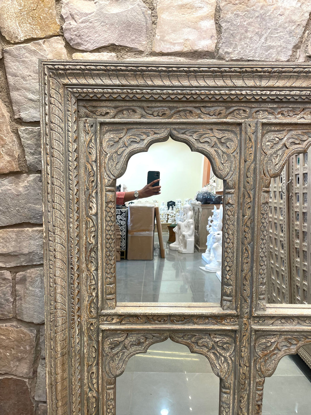 4 Jharokha Hand-Carved Wooden Mirror Frame – Distressed Finish (47" x 59")