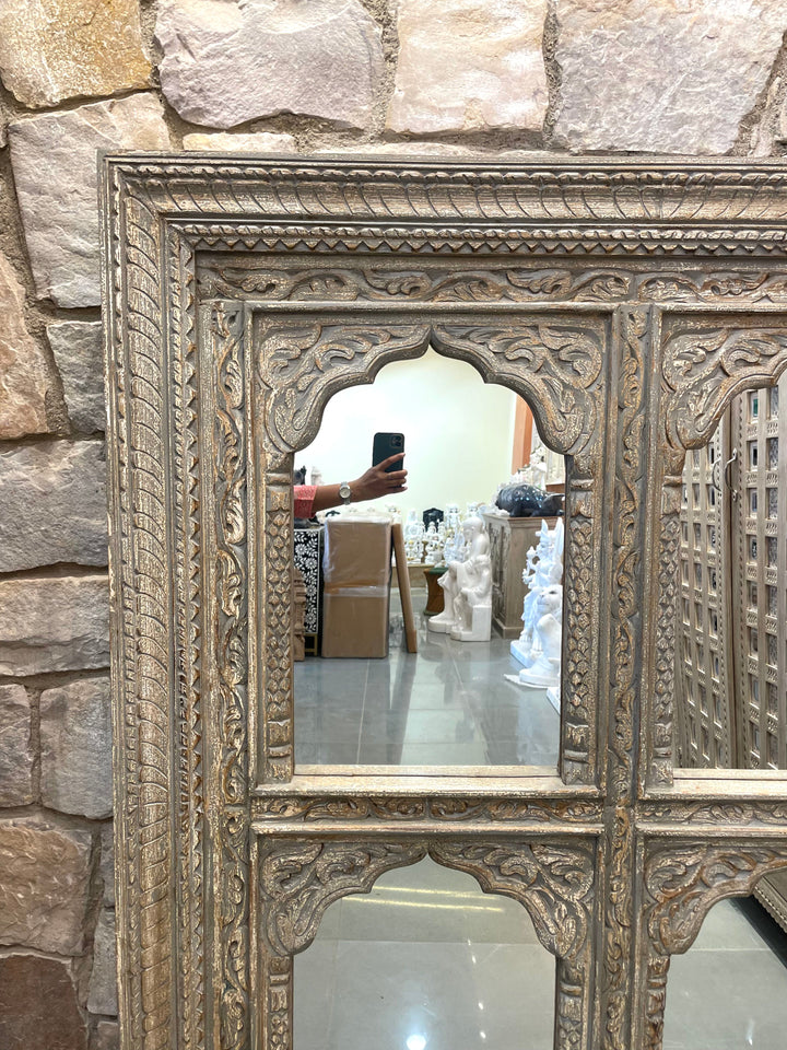 4 Jharokha Hand-Carved Wooden Mirror Frame – Distressed Finish (47" x 59")
