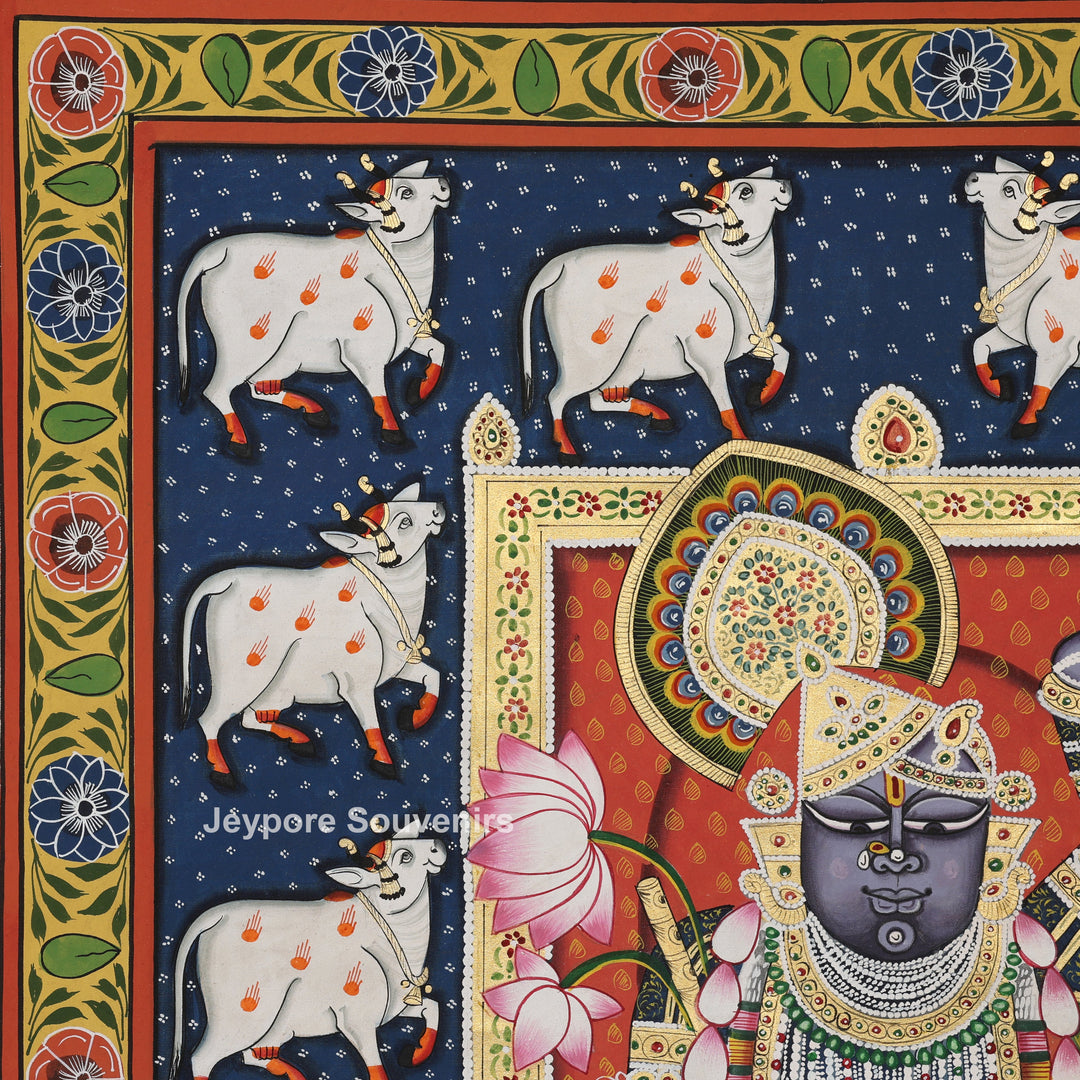 Handcrafted Pichwai Style Shrinathji Painting with Sacred Cows