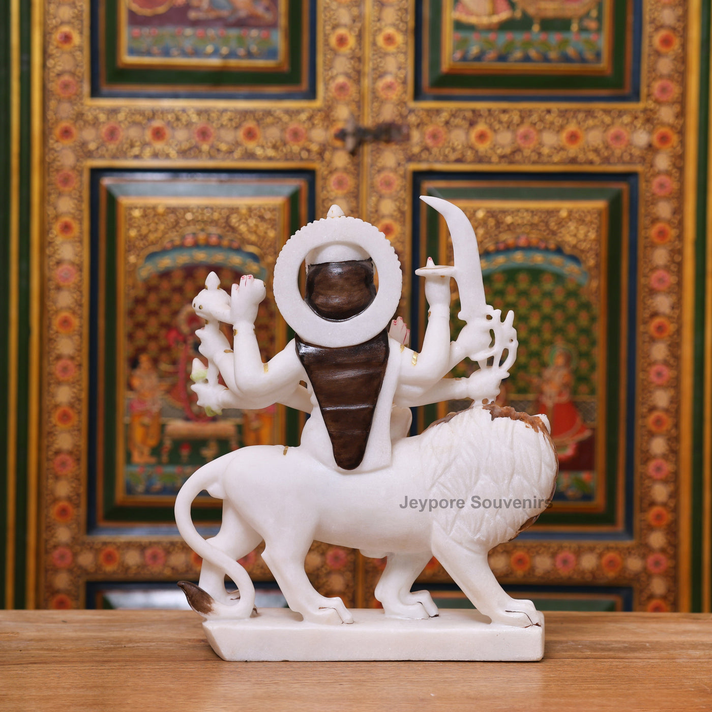 15" Real Gold Leaf Goddess Durga Marble Statue with Lion