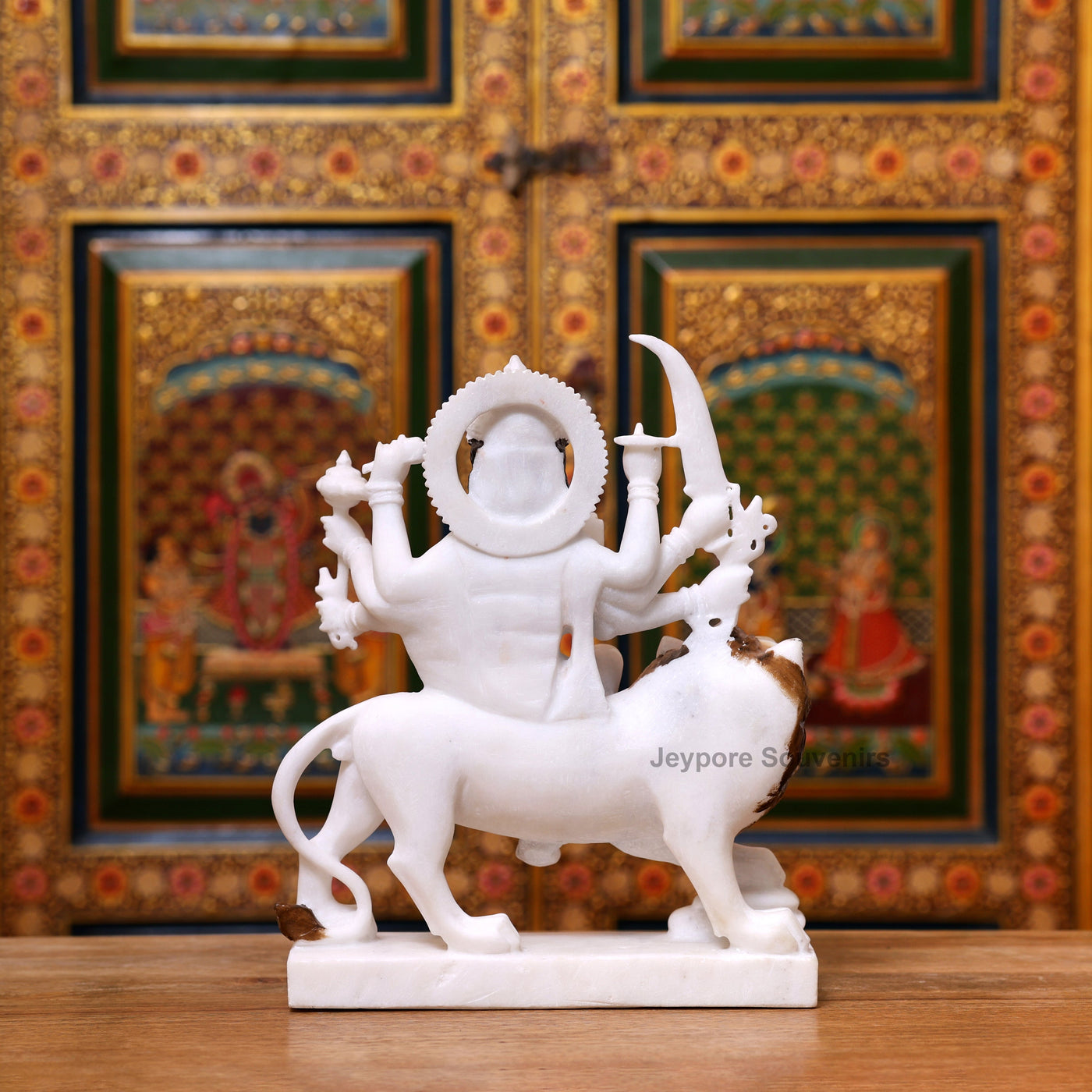 12" Pure White Marble Goddess Durga Idol on Lion