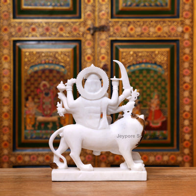 12" Pure White Marble Goddess Durga Idol on Lion