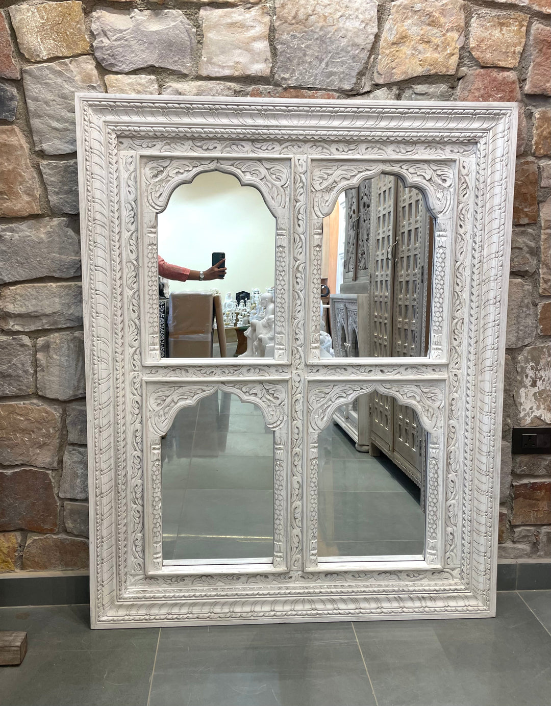4 Jharokha Hand-Carved Wooden Mirror Frame – Distressed Finish (47" x 59")