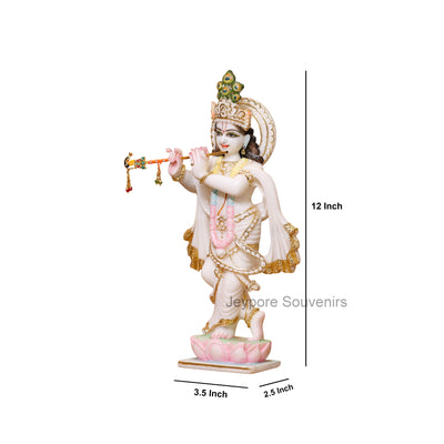 12" Elegant Handcrafted Pure White Marble Krishna Statue with Real Gold Leaf Work