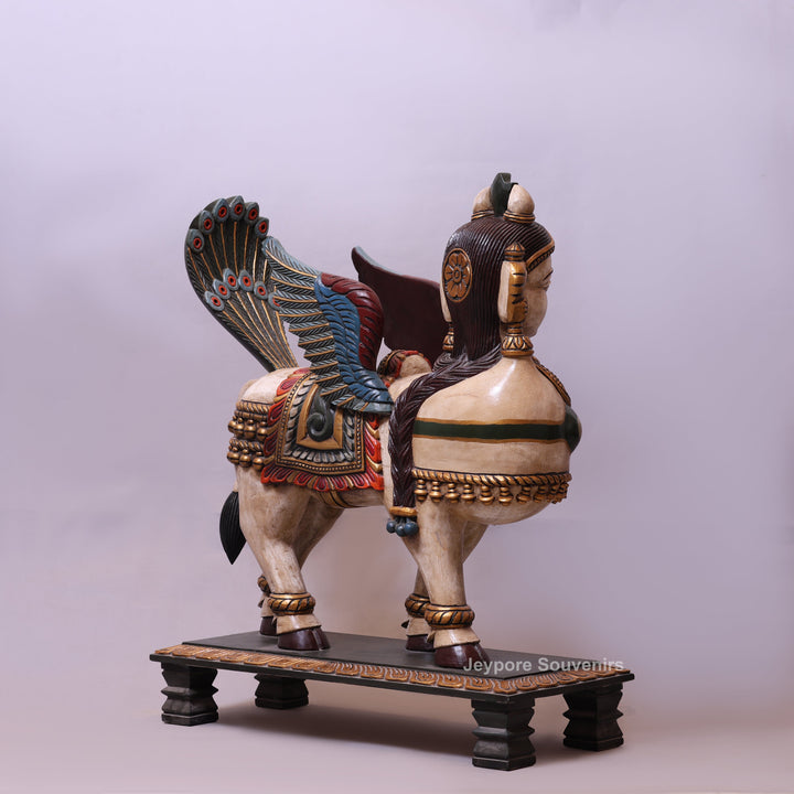 35" Handcrafted Wooden Kamadhenu Statue with Wings