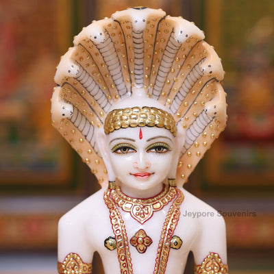 9" Pure White Marble Bhagwan Parshvanatha Idol with Real Gold Leaf Work | Handcrafted Jain Tirthankara Statue