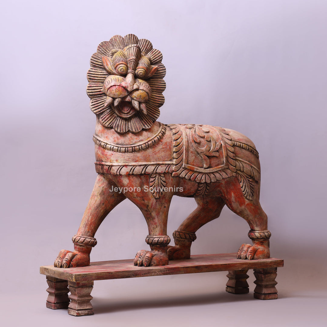 41" Grand Hand-Carved Wooden Yali (Mythical Lion) Statue