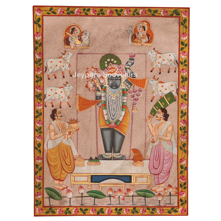Handcrafted Pichwai Painting of Shrinathji with Cows &amp; Priests