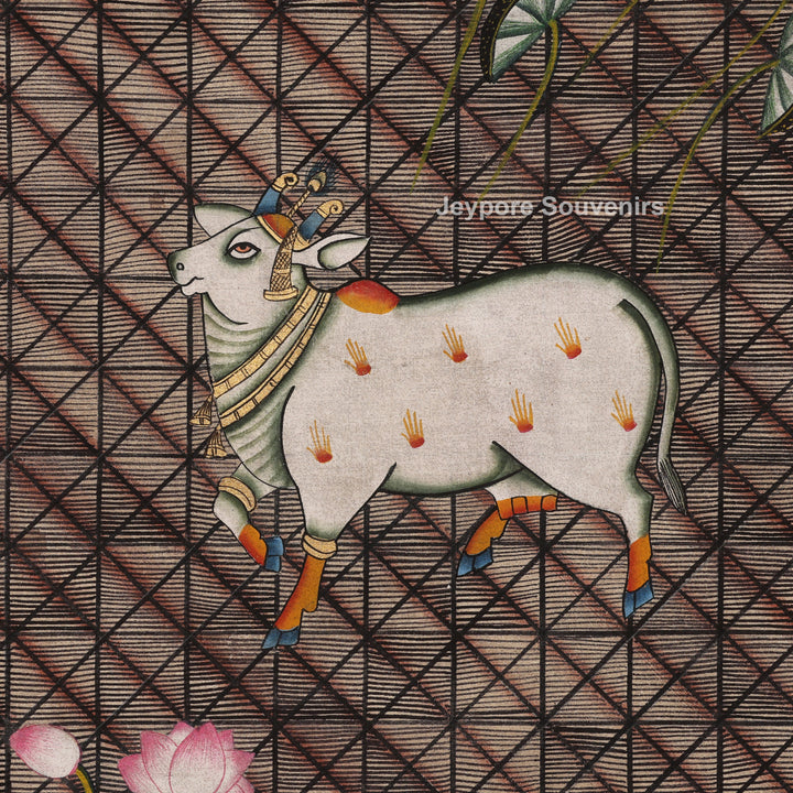 Pichwai Painting Featuring Cows and Lotus Motifs