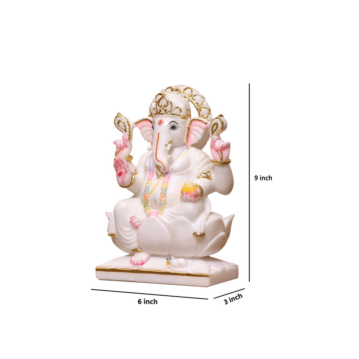 9" Pure White Marble Lord Ganesha Idol with Real Gold Leaf Work