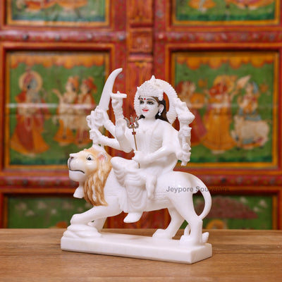 12" Handcrafted White Marble Goddess Durga Idol on Lion (8-Arm)