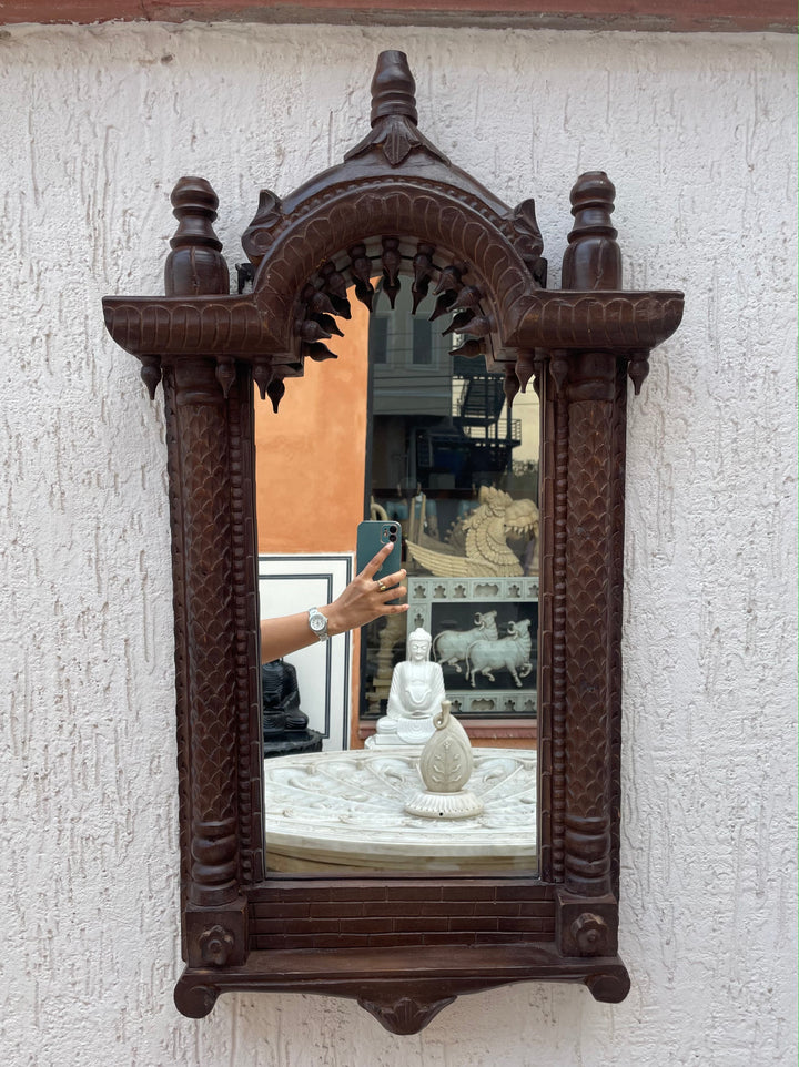 Hand carved single Jharokha mirror in distressed finish