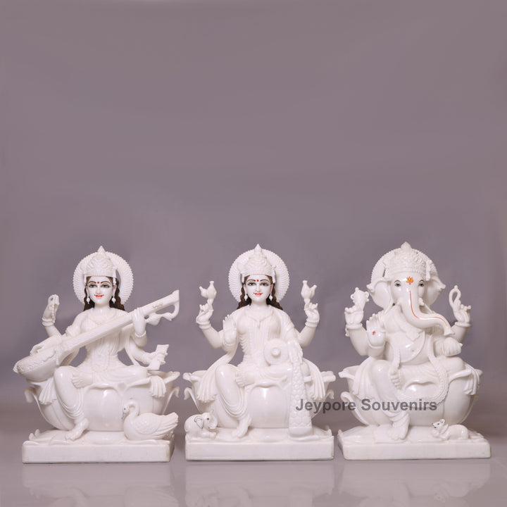 24" Divine Trinity Set: Pure White Marble Lakshmi, Ganesha, &amp;amp; Saraswati Idols&amp;nbsp;