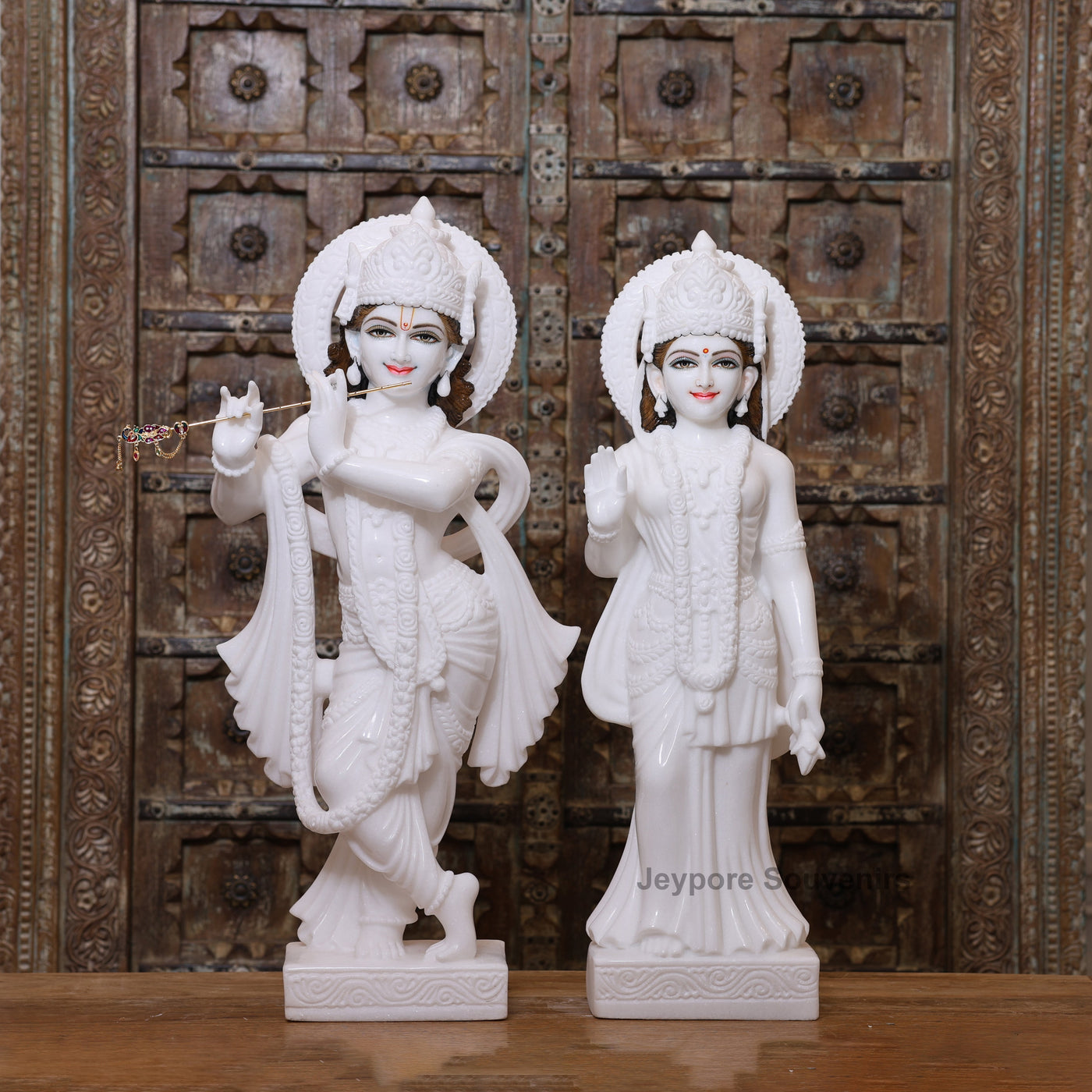 30" Radha Krishna Pure White Marble Statue Pair