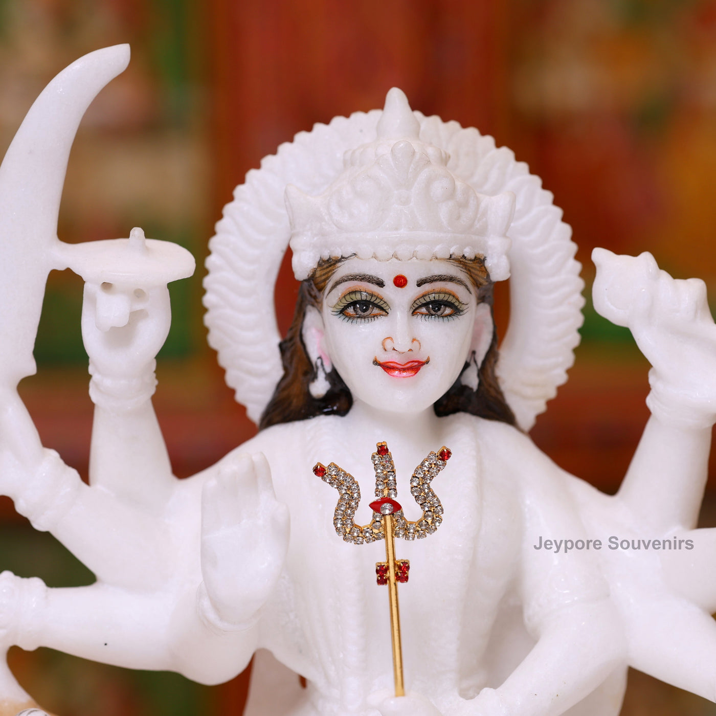12" Handcrafted White Marble Goddess Durga Idol on Lion (8-Arm)