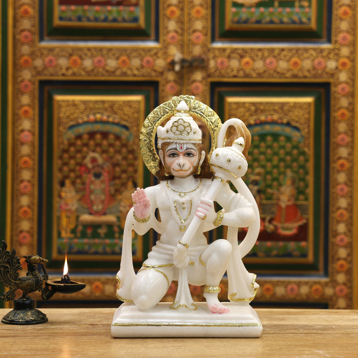 15" Exquisite White Marble Lord Hanuman Idol With Real Gold Leaf Work