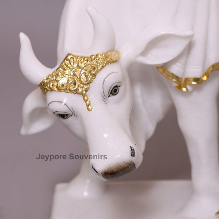 27" Enchanting Pure White Marble Lord Krishna Cow Idol With Real Gold Leaf