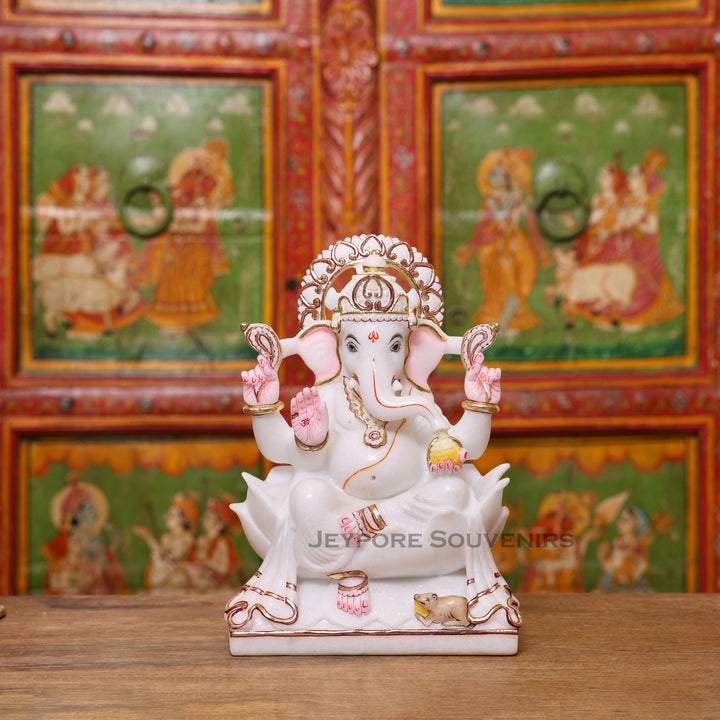 12" Pure White Makrana Marble Lord Ganesha Idol With Cut gold work