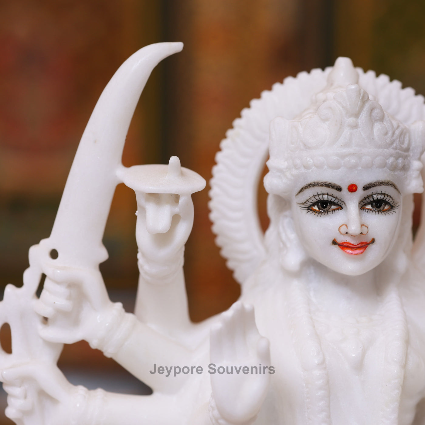 12" Pure Handcrafted White Marble Goddess Durga Idol with Lion