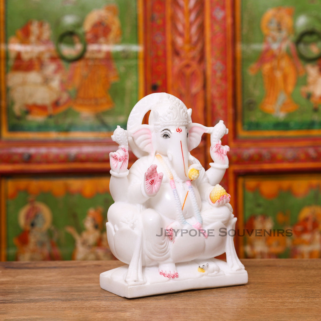 9" Handcrafted White Marble Lord Ganesha Idol for Home Temple &amp; Décor