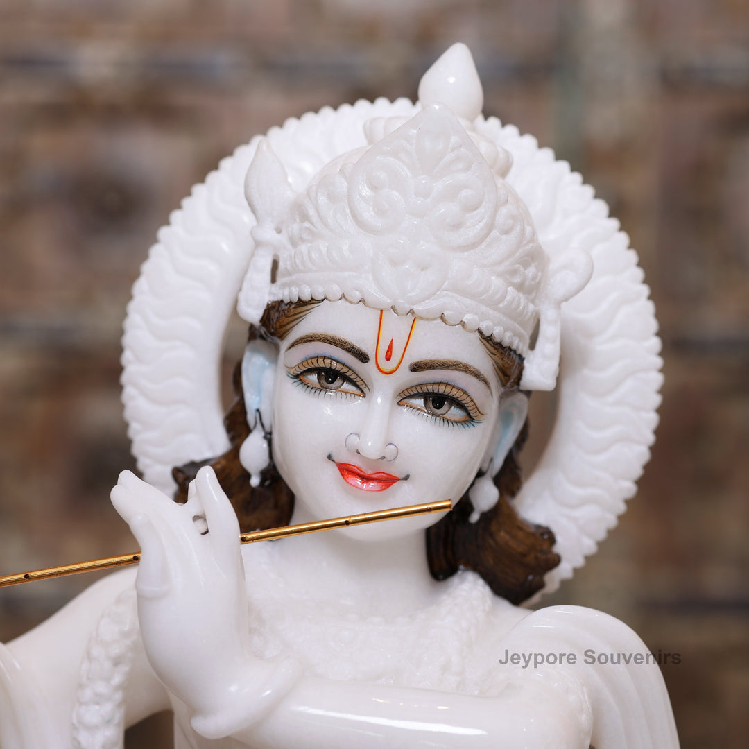 24" Handcrafted Radha Krishna Pure White Marble Statues Pair