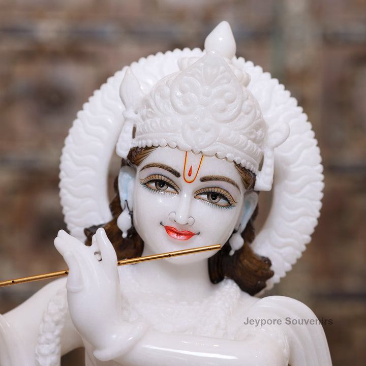 24" Handcrafted Radha Krishna Pure White Marble Statues Pair