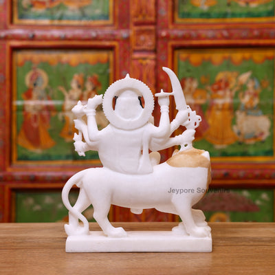 12" Handcrafted White Marble Goddess Durga Idol on Lion (8-Arm)