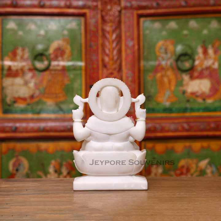 9" Pure White Marble Lord Ganesha Idol with Real Gold Leaf Work
