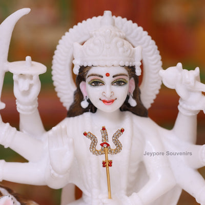 12" Pure White Marble Goddess Durga Idol on Lion
