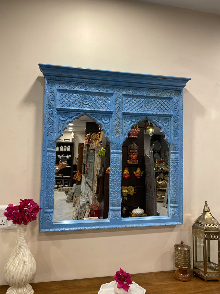 2 Jharokha Hand-Carved Wooden Mirror Frame – Distressed Blue Finish (42" x 42")