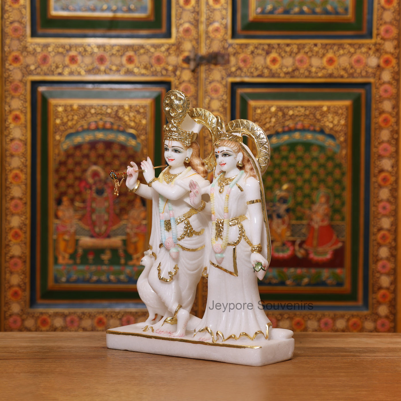 15" Radha Krishna Pure White Marble Statue With Real Gold Leaf Work