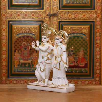15" Radha Krishna Pure White Marble Statue With Real Gold Leaf Work