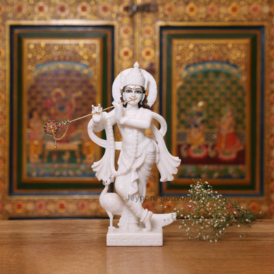 12" Stunning Pure White Marble Radha Krishna Statue Pair