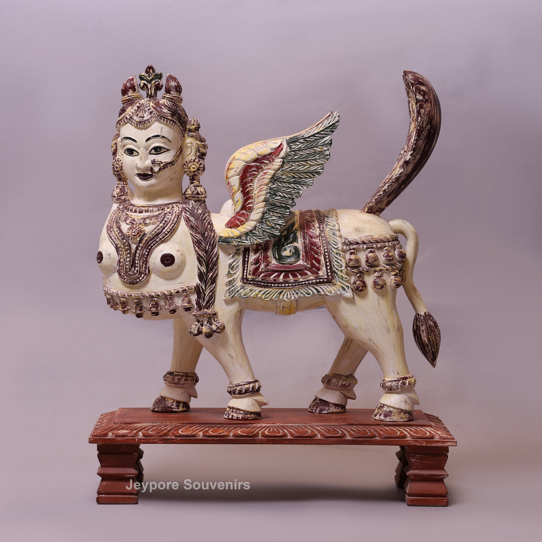 29" Hand-Carved Wooden Kamadhenu (Cow) Statue