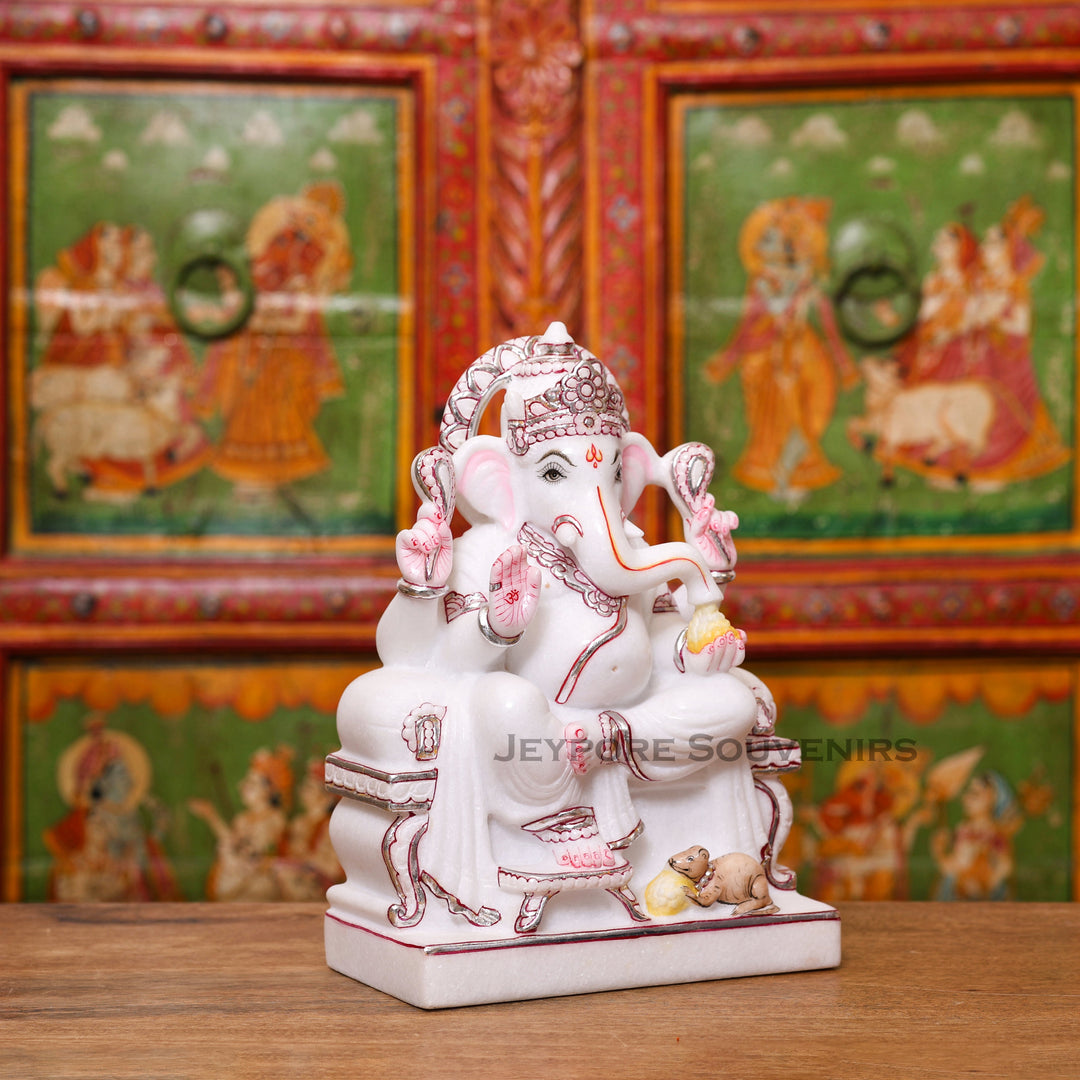 12" Handcrafted White Marble Lord Ganesha Idol