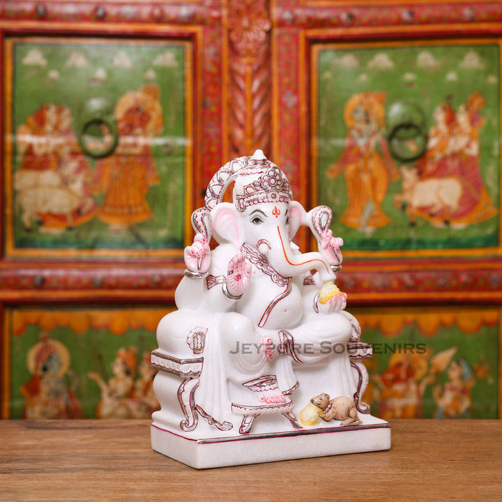 12" Handcrafted White Marble Lord Ganesha Idol