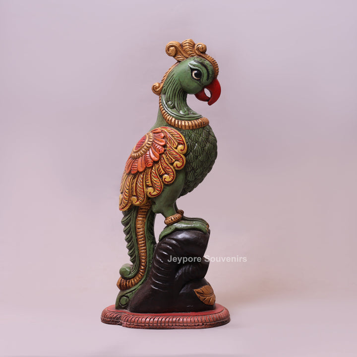 25" Hand-Carved &amp; Hand-Painted Wooden Parrot Statue