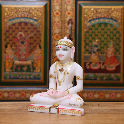 9" Premium Pure White Marble Mahavir Swami Idol for Home Temple | Hand-Painted Tirthankara Statue