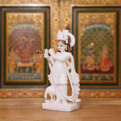 10" Elegant Pure White Marble Radha Krishna Statue Pair