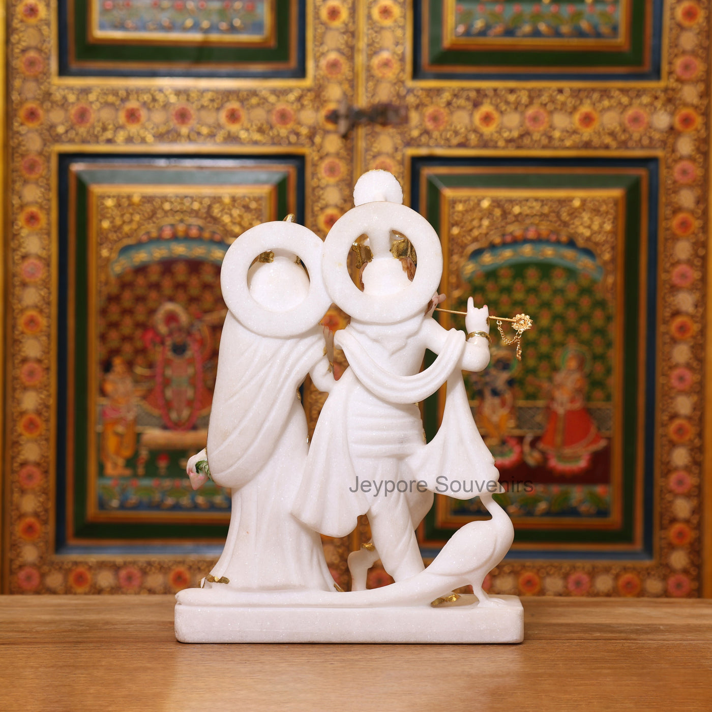 15" Radha Krishna Pure White Marble Statue With Real Gold Leaf Work