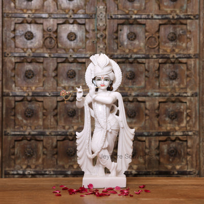 18" Handcrafted Pure White Marble Radha Krishna Pair Sculptures