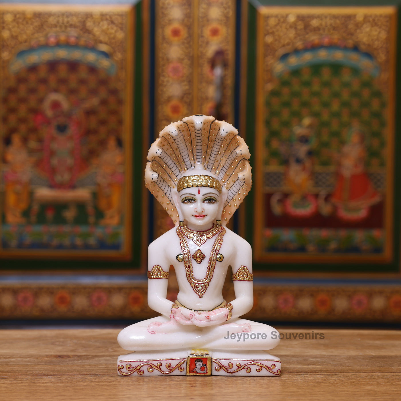 9" Pure White Marble Bhagwan Parshvanatha Idol with Real Gold Leaf Work | Handcrafted Jain Tirthankara Statue
