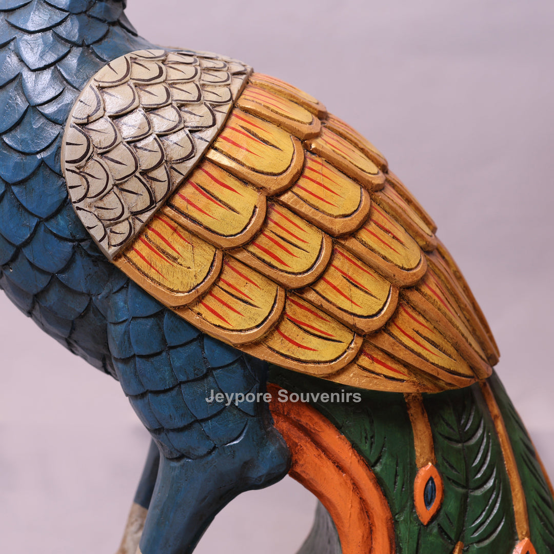 37" Grand Hand-Carved Wooden Peacock Statue