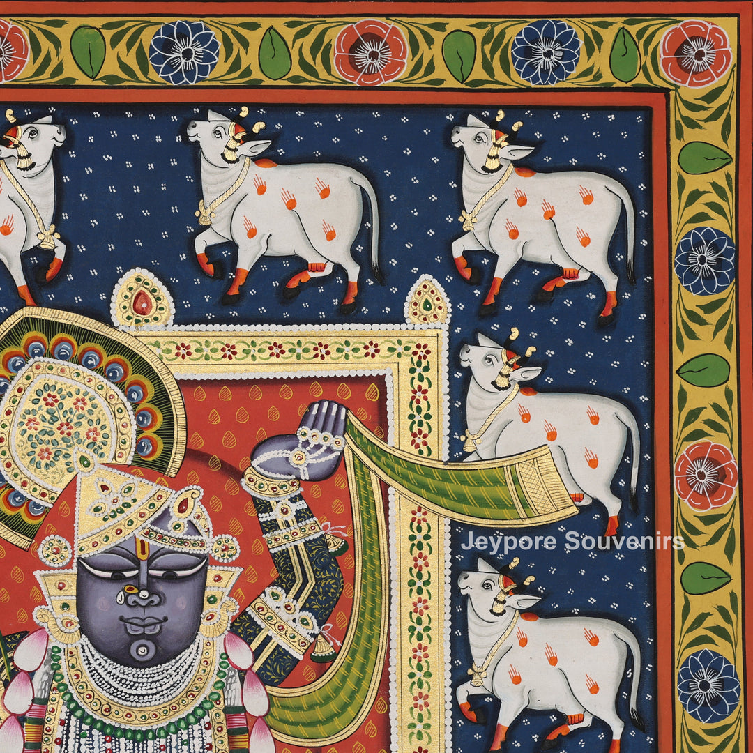 Handcrafted Pichwai Style Shrinathji Painting with Sacred Cows