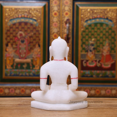 9" Premium Pure White Marble Mahavir Swami Idol for Home Temple | Hand-Painted Tirthankara Statue