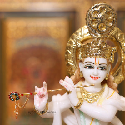 15" Radha Krishna Pure White Marble Statue With Real Gold Leaf Work