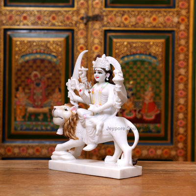 12" Pure White Marble Goddess Durga Idol on Lion